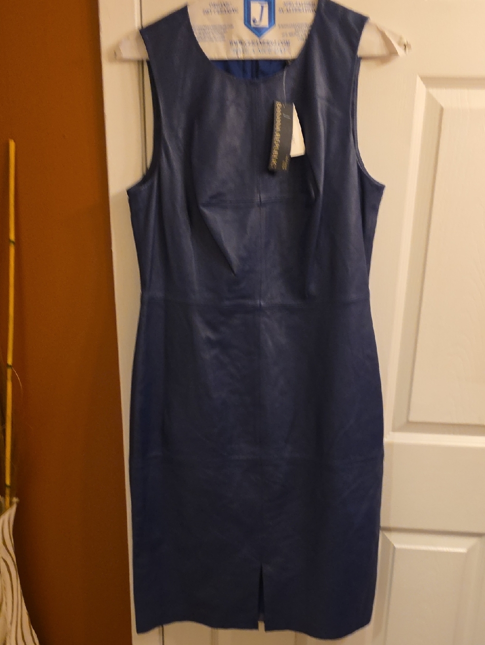 Banana Republic Navy Faux-Leather Sleeveless Midi Sheath Dress